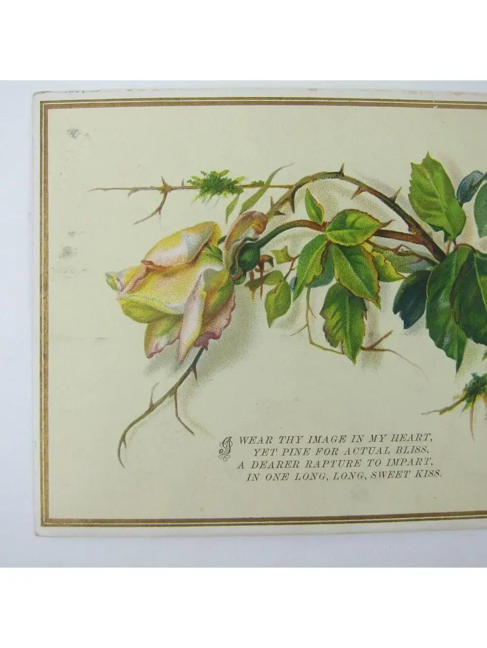 Victorian Greeting Card Valentine Yellow Rose Flower Green Leaves Poem Antique